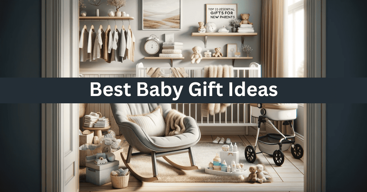 Image showcasing a range of baby gift ideas, including a nursery with a crib, rocking chair, and stroller.